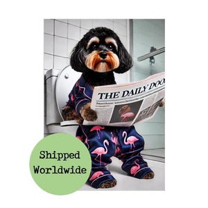 Op de afbeelding: Een zwart-bruine hond die een blauwe pyjama draagt met roze flamingo's erop gedrukt. De hond zit op een toilet en leest een krant met de titel "The Daily Doo".