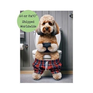 Funny Cockapoo Wall Art – Dog on Toilet with Mobile Phone Print, Quirky Bathroom Decor, Humorous Pet Lover Gift (A4 / 8x10)