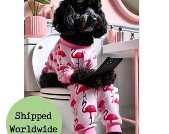 Black Cockapoo Toilet - Flamingo Pyjamas Print – Funny Dog on Phone Bathroom Wall Art