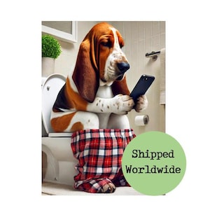 Basset Hound op toilet print - hond op telefoon rode tartan pyjama foto dier toilet muur kunst grappig badkamer citaat teken ensuite cadeau portret