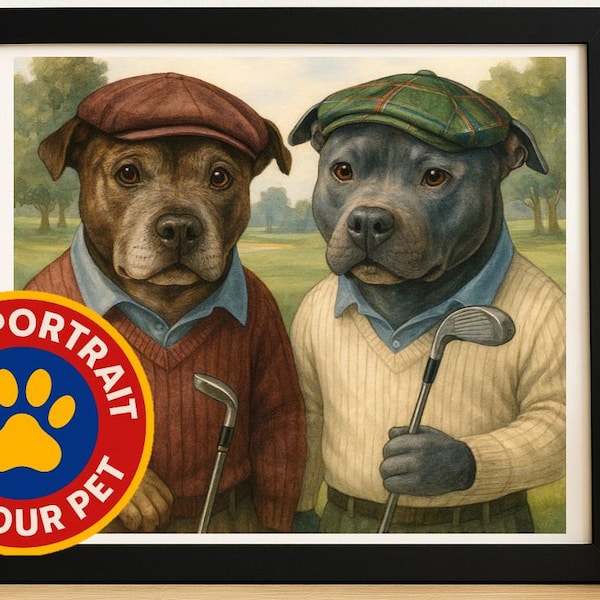 Personalised Dog Golf Portrait - Pet Dressed as Golfer - 2 Dogs 3 Dogs- Pet Portrait Wall Art Picture Print - Gift for Dad Grandad