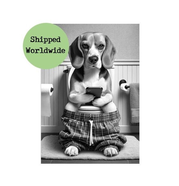 Beagle Sitting on Toilet With Mobile Phone Print Funny Dog With Cell Phone Animal Tartan Picture Bathroom Loo Rest Room Wall Art Sign Gift Etsy