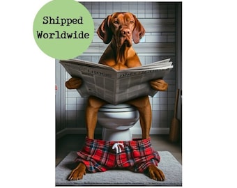 Hungarian Vizsla On Toilet Reading Newspaper Print Funny Dog Sitting on Loo Picture Animal Tartan PJs Bath Bathroom Wall Art Sign 8 x 10 A4