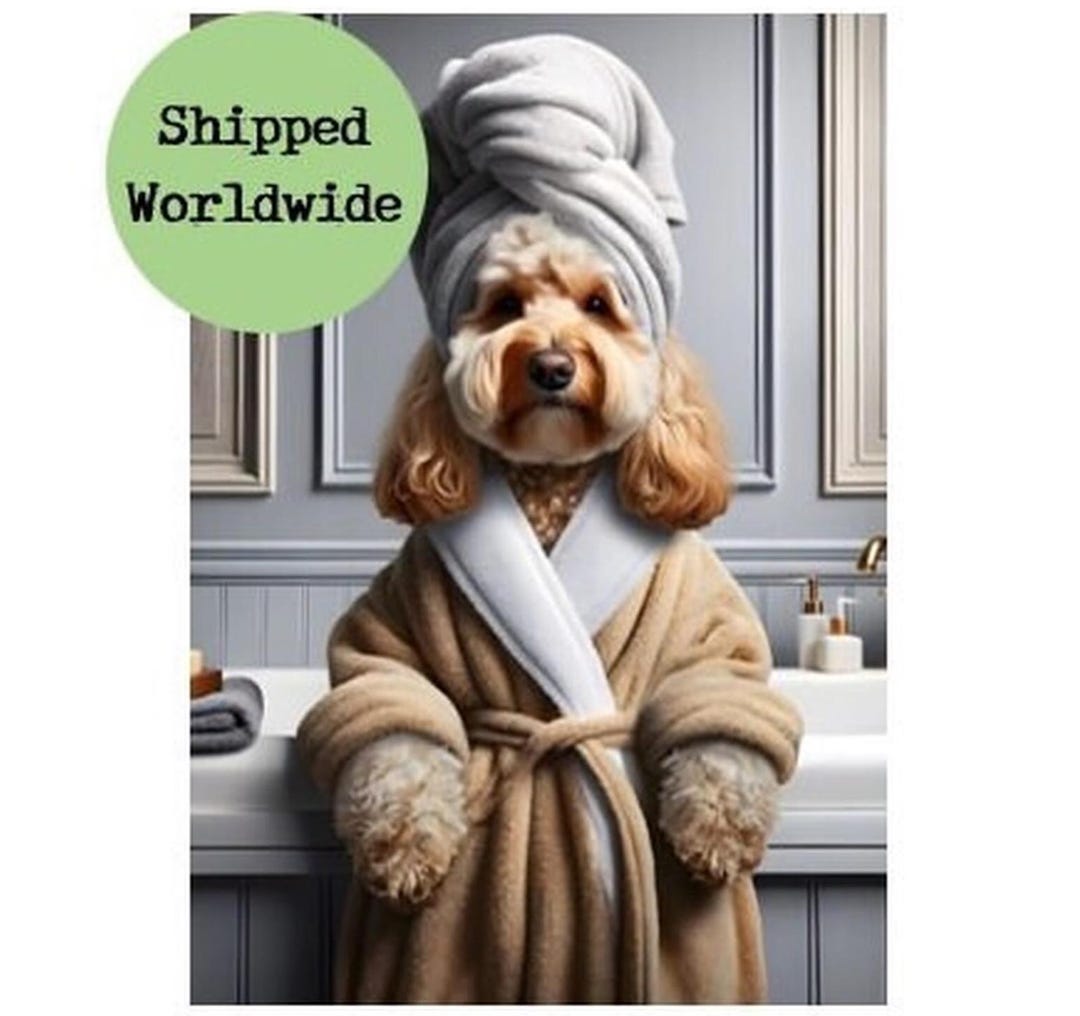 Funny Cockapoo Wall Art – Dog in Bathrobe With Towel Print, Quirky ...
