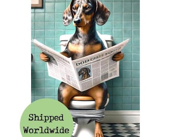 May include: A dachshund dog wearing a gray shirt sits on a white toilet and reads a newspaper titled "Do It Yourself Today". The dog is in a bathroom with blue and white tiled walls and a black and white checkered floor.