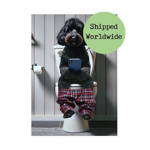 Black Cockapoo On Toilet Print Cockerpoo On Loo - Animal Cell Phone Funny Dog Bathroom Picture Bath Toilet Restroom WC Wall Art Picture Sign