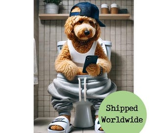 May include: A brown and white dog wearing a black baseball cap, a white tank top, grey sweatpants, and black and white slippers is sitting on a white toilet. The dog is holding a black smartphone in its paws. The text "Shipped Worldwide" is on a green circle in the lower right corner of the image.
