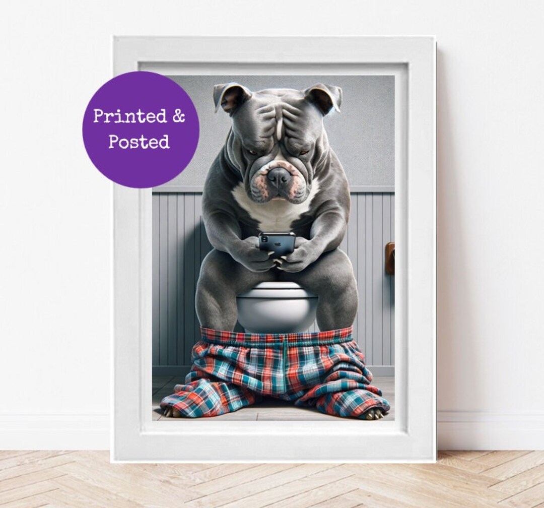 XL Bully Sitting on Toilet on Mobile Phone Print Funny Dog Picture