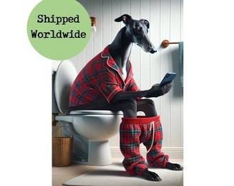 Black Greyhound Sitting on Toilet with Mobile Phone Print  Funny Dog Cell Phone Animal Picture Bathroom Loo Wall Art Sign Gift Sighthound