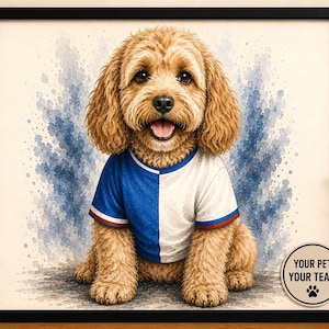 May include: A framed watercolour-style illustration of a golden-brown curly-haired dog wearing a split blue and white jersey with red and blue trim. The dog has a happy expression with an open mouth. A circular badge reads YOUR PET YOUR TEAM.