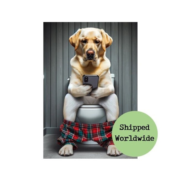 Golden Labrador Sitting on Toilet with Mobile Phone Print - Golden Lab with Cell Phone Funny Dog Animal Picture Bathroom Wall Art Sign Gift