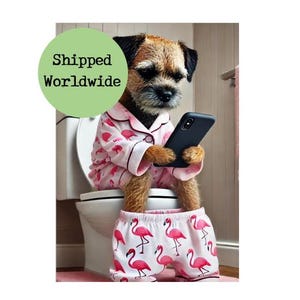 Border Terrier On Toilet Print - Girl Pink Purple Flamingo Pyjamas - Funny Female Dog Picture Portrait Bathroom Downstairs Loo Wall Art Sign