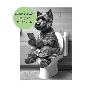 Cairn Terrier Sitting on Toilet on Mobile Phone Print Dark Brindle Cairn Loo Funny Dog Animal Picture Bath Bathroom Wall Art Sign Red Tartan image 2