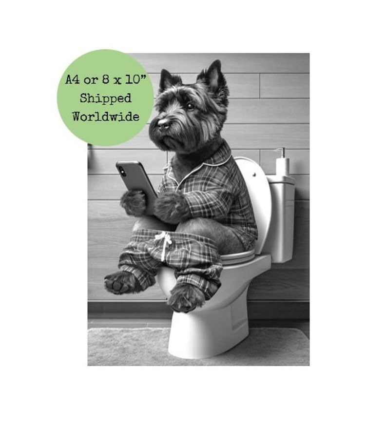 Cairn Terrier Sitting on Toilet on Mobile Phone Print Dark Brindle Cairn Loo Funny Dog Animal Picture Bath Bathroom Wall Art Sign Red Tartan image 2