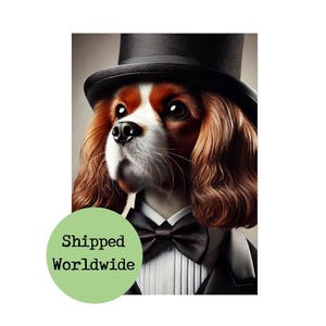 May include: A Cavalier King Charles Spaniel wearing a black top hat and a black bow tie. The dog is looking to the right of the image. The dog is wearing a black tuxedo jacket. The background is a light grey colour.
