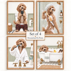 May include: A set of four framed prints featuring a golden-brown doodle dog in a bathroom. The images show the dog sitting on a toilet, showering with a sponge, brushing its teeth in a white robe, and relaxing in a clawfoot tub with a rubber duck.