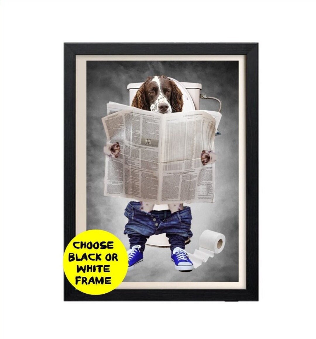 English Springer Spaniel on Toilet Funny Bathroom Print Dog Picture En