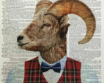 Highland Vintage Ram Sheep Print Dictionary Page Wall Art Picture Bow Tie Hipster Tartan Cattle Humanised Quirky Funky 