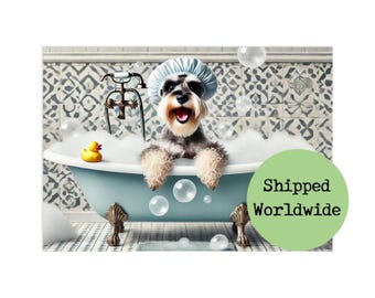Impresión de Schnauzer en el baño - Perro divertido en el baño - Arte de pared - Animal en bañera vintage - Imagen de baño - Baño en la planta baja - Baño privado - Regalo