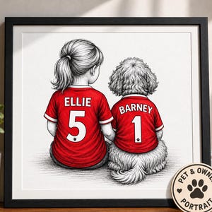 Personalised Pet & Owner Portrait – Custom Dog or Cat Print in Football Shirt – Pet Lover Gift, Custom Wall Art