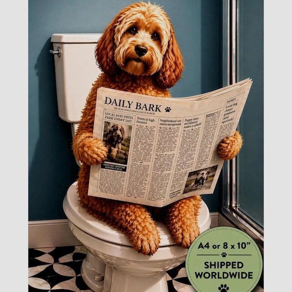 Rolig Cockapoo-hund som läser tidning Toaletttryck – Djurskylt för badrummet