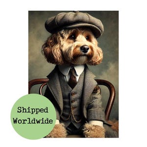 May include: A brown and white dog wearing a tweed suit and a brown newsboy cap. The dog is sitting in a chair with a gold chain around its neck.