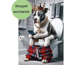 Staffordshire Bull Terrier On Toilet Mobile Phone Print Funny Staffy Staffie Dog Loo Picture Animal Bath Bathroom Wall Art Sign 8 x 10 A4