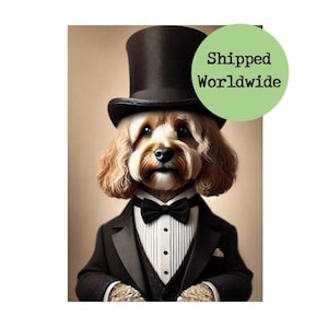 May include: A digitally created image of a dog wearing a black tuxedo, bow tie, and top hat. The dog has light brown fur and is posed against a neutral background. The image has a vintage, formal aesthetic.