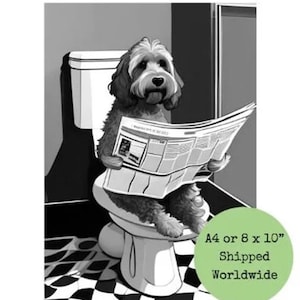 Cockapoo Toilette auf Toilette lesen Zeitung Druck - Lustiger Hund Badezimmer Wand Kunst (A4 oder 8x10")