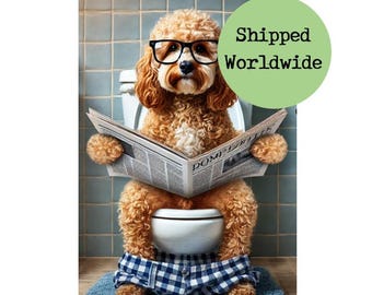 May include: A brown and white dog wearing glasses and a blue and white plaid shirt sits on a white toilet and reads a newspaper. The dog is sitting on a blue and white bathroom rug.