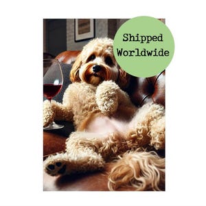 Cavapoo Laying on Sofa Drinking Red Wine Print - Funny Dog Bar Pub Alcohol Cockapoo Cockerpoo Wall Art Picture Sign Quote Pet Portrait Gift