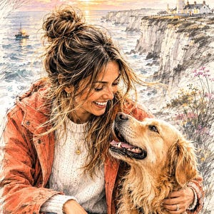 Peut inclure: Une illustration style croquis d'une personne aux longs cheveux bruns en chignon, portant un pull en maille blanc et une veste orange, souriant à un golden retriever. L'arrière-plan montre une falaise côtière, un phare et un coucher de soleil.
