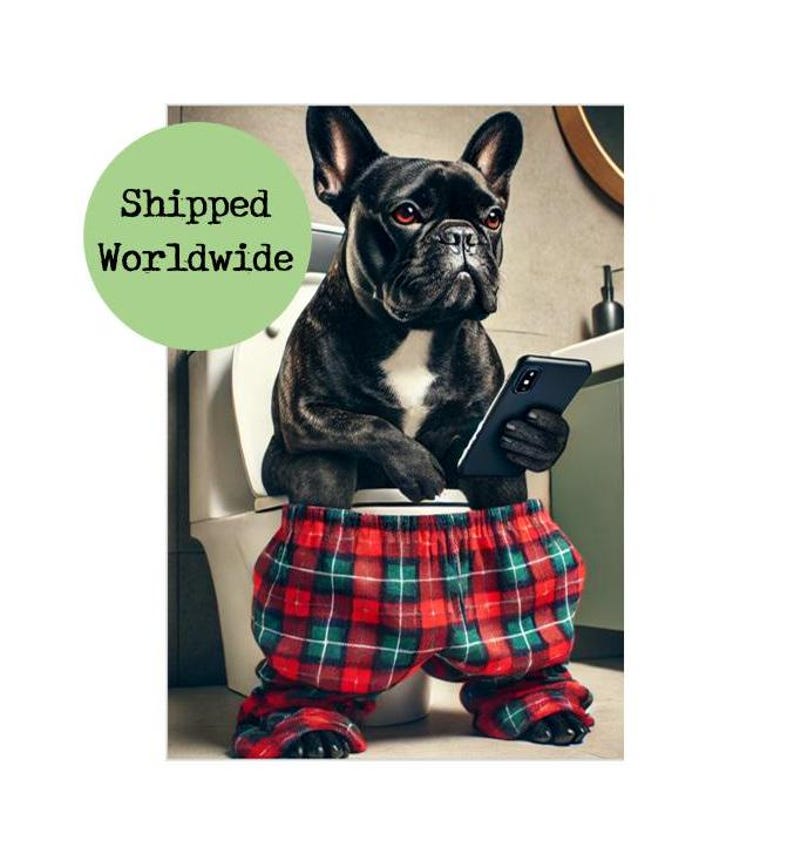 Black French Bulldog Sitting on Toilet With Mobile Cell Phone Print