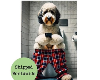 Sheepadoodle on Toilet Print - Funny Dog on Toilet Picture Animal on Loo Tartan Pyjamas Cell Phone Bathroom Wall Art Pet Portrait Sign Gift