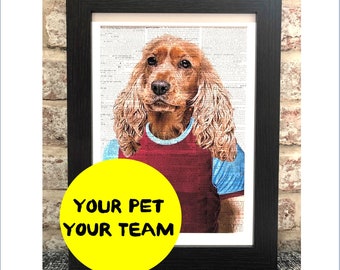 サッカーシャツ パーソナライズされたペットの肖像画 - カスタム犬プリント - クラレット＆ブルー - 動物猫の壁アート写真 - 父の日ギフト - 男の隠れ家