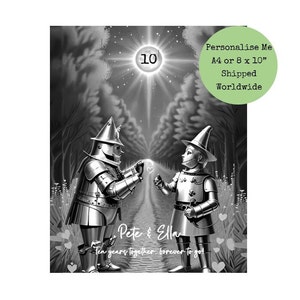 Personalised Tin Man Wizard Of Oz Print - 10th Anniversary Gift -  Tinman Love Heart Wall Art  Black White Print - Ten Year Anniversary Gift