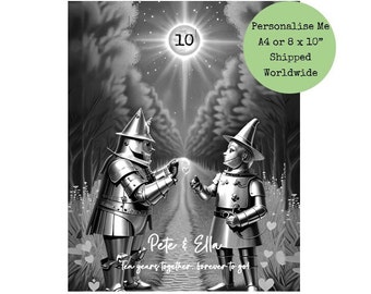 Personalised Tin Man Wizard Of Oz Print - 10th Anniversary Gift -  Tinman Love Heart Wall Art  Black White Print - Ten Year Anniversary Gift