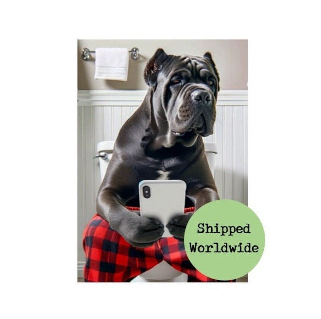 Cane Corso on Toilet Texting on Mobile Phone Print Animal Sitting on