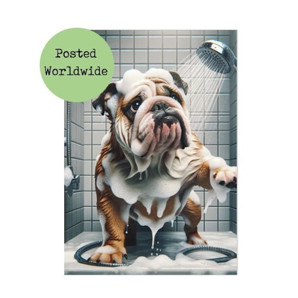 British Bulldog In Shower Print - Funny Dog in Bathroom Picture - English Bulldog - Animal on Toilet Wall Art - Loo Bath Sign Quote Gift