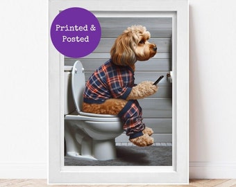 Funny Cavapoo Sitting on Toilet on Mobile Phone Cockerpoo Print Dog Tartan Picture Bathroom Wall Art Sign Downstairs Loo Ensuite Wall Decor