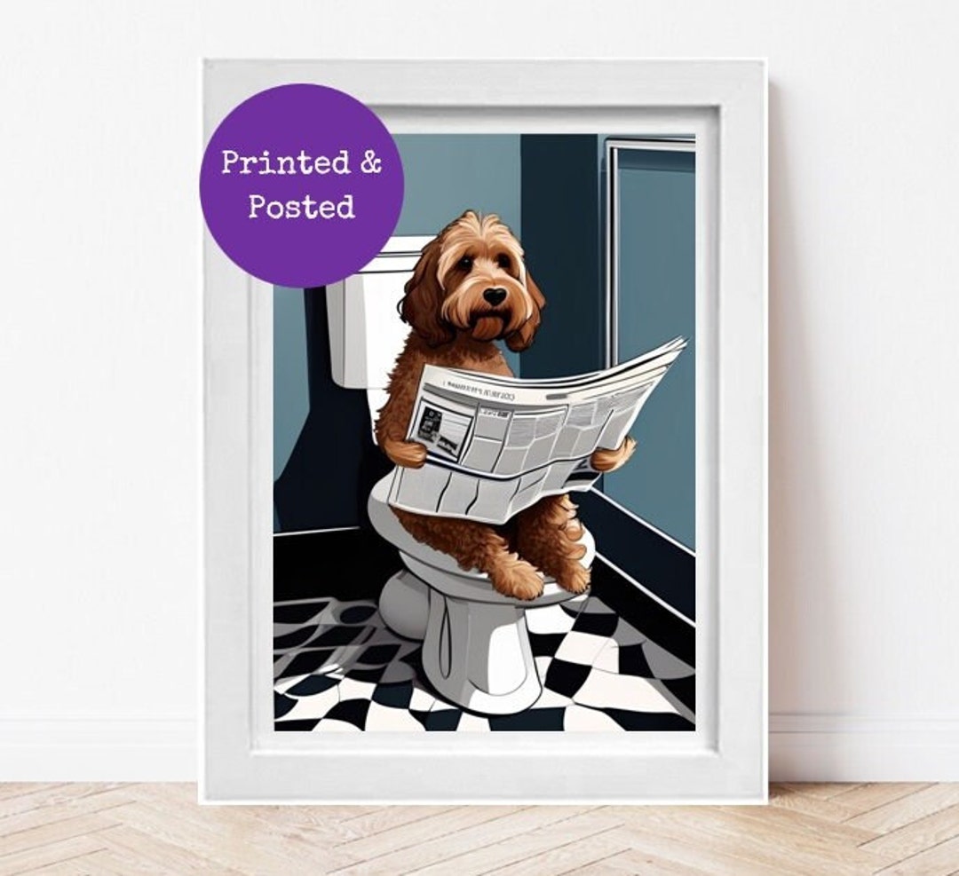 Cockapoo Sitting on Toilet Reading Newspaper Cockerpoo Print Funny Dog