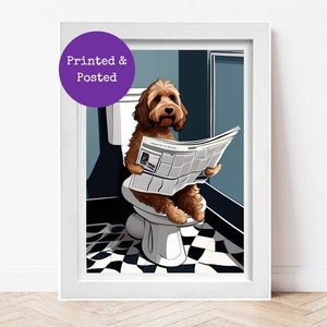 Cockapoo Sitting on Toilet Reading Newspaper - Cockerpoo Print - Funny Dog Picture Bathroom Wall Art Sign Downstairs Loo Ensuite Wall Decor