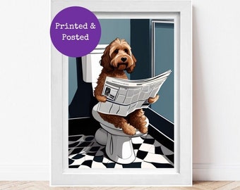 Cockapoo Sitting on Toilet Reading Newspaper - Cockerpoo Print - Funny Dog Picture Bathroom Wall Art Sign Downstairs Loo Ensuite Wall Decor