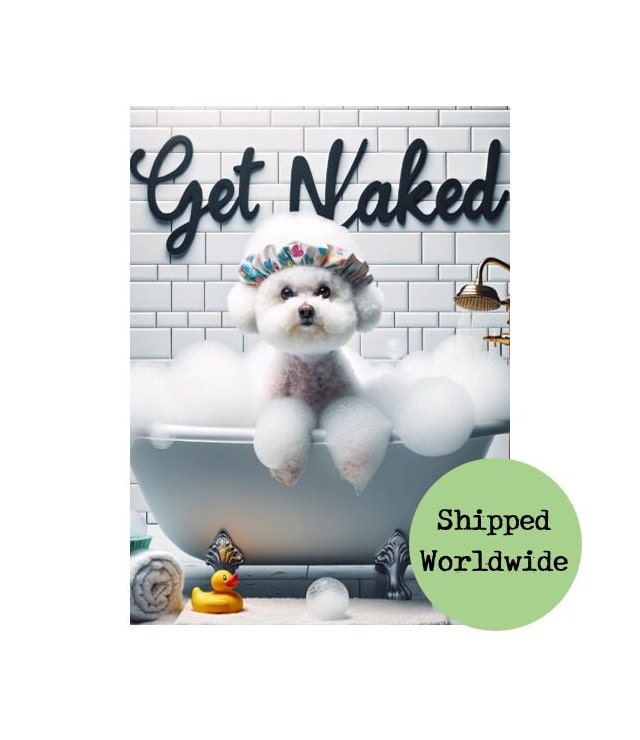 Bichon Frise in Vintage Bath Print - Dog having a Bubble Bath Picture - Get Naked Sign - Funny Bathroom Wall Art Toilet Quote Ensuite Loo