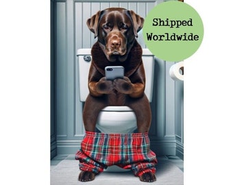 Chocolate Labrador Sitting on Toilet with Mobile Phone Print - Brown Lab with Cell Phone - Funny Dog Animal Picture Bathroom Wall Art Sign