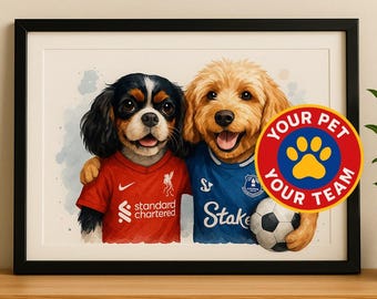 Dogs in Football Shirt Print - Personalised Pet Portrait 2 Dogs - Football Team Wall Art - Soccer Jersey - Football Fan Picture Sign