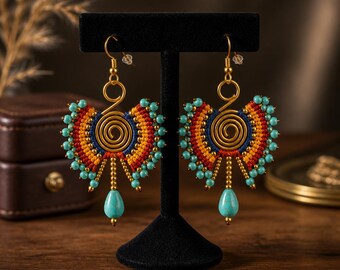 Handgemachte Boho Fächer Quasten Ohrringe: Türkis, Kupfer, Rocailles, Kristallmuschel