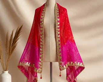 Lebendige Bandhani Dupatta mit Gota Borte - Indisches Schal Schal Wrap Accessoire