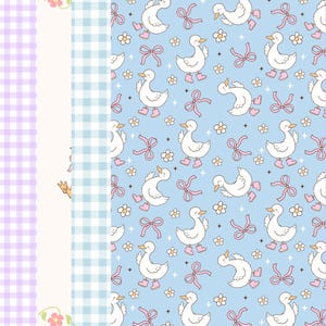 May include: A repeating pattern of white ducks wearing pink boots and bows on a light blue background. The pattern also includes small white flowers and pink bows. The image also shows three vertical strips with gingham and floral patterns.
