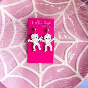 Mummy Halloween Earrings, Polymer Clay Dangle Earrings, Cute Ghost Mummy Jewelry, Spooky Cute Handmade Earrings for Fall